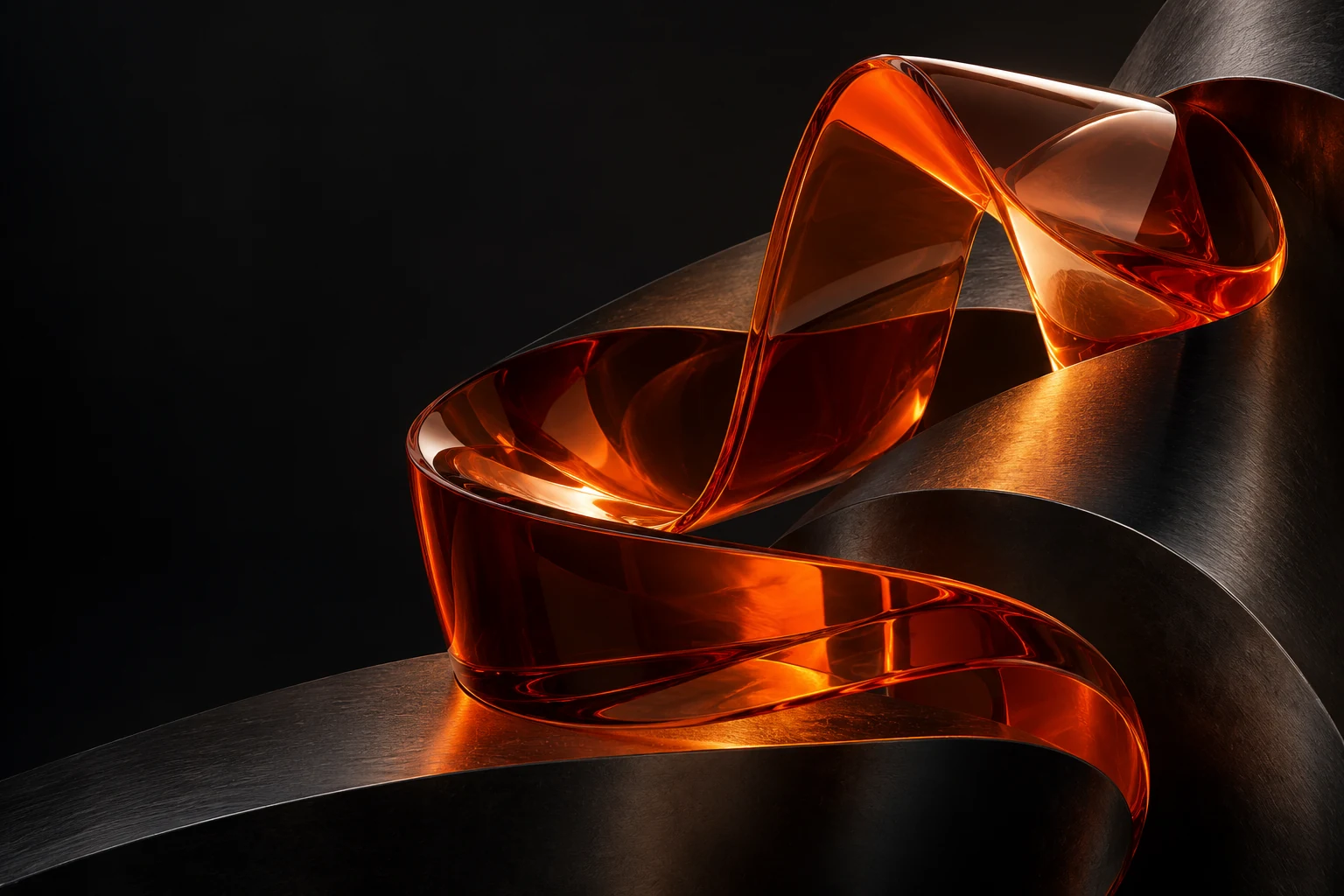 Abstrakte orangefarbene Glasskulptur vor dunklem Hintergrund